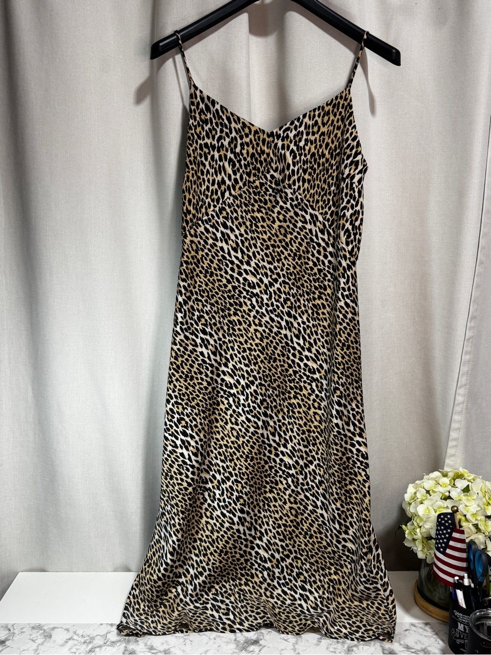 Levi's Women's Leopard Print Slip Dress V-Neck Midi Spaghetti Strap M